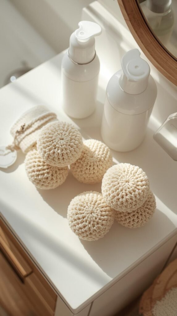 Crochet face scrubbies stacked beside skincare bottles, cotton yarn texture visible, clean bathroom vanity setting, soft white and beige color palette.