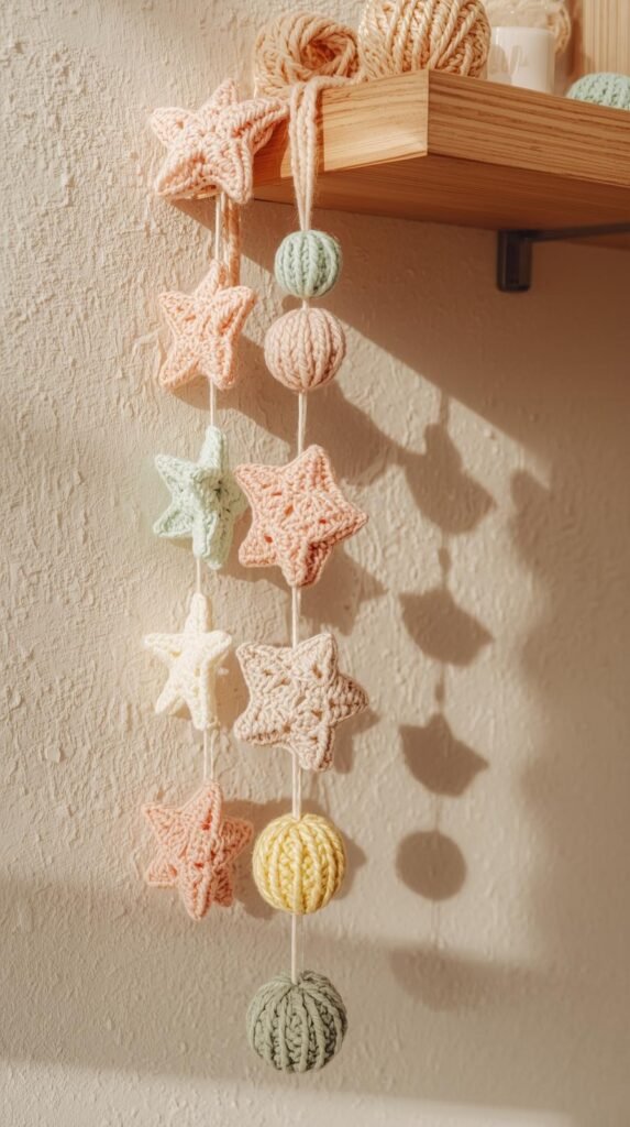 Crochet garland draped along a wall or shelf, simple repeating shapes, soft pastel and neutral yarn colors.