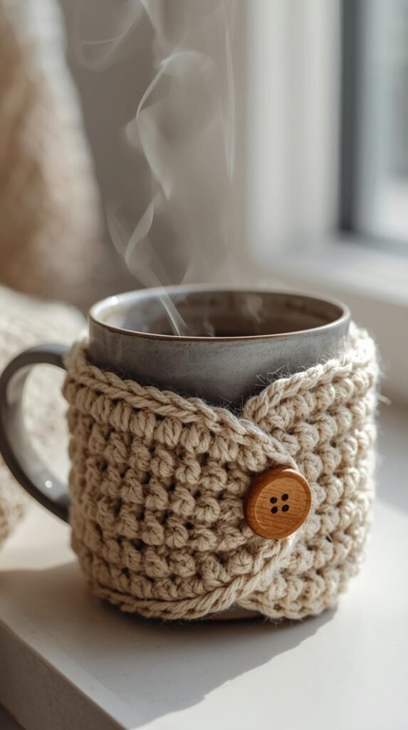 Crochet mug cozy wrapped around a ceramic mug, steam gently rising, textured stitches visible, neutral yarn with wooden button detail
