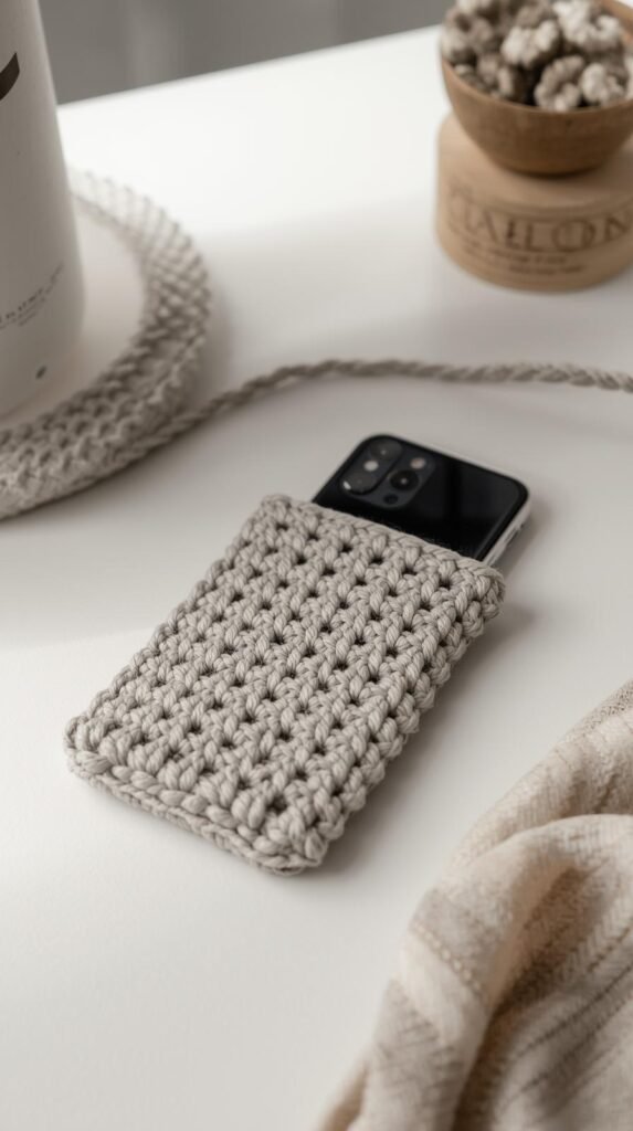 Crochet phone pouch lying on a table with smartphone partially inside, simple stitch pattern, neutral yarn, modern minimal