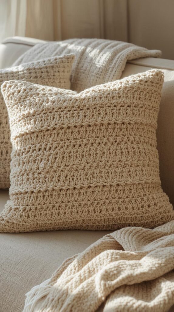 Crochet pillow cover on a neutral sofa, textured stitches visible, warm beige or cream yarn, cozy living room setting.