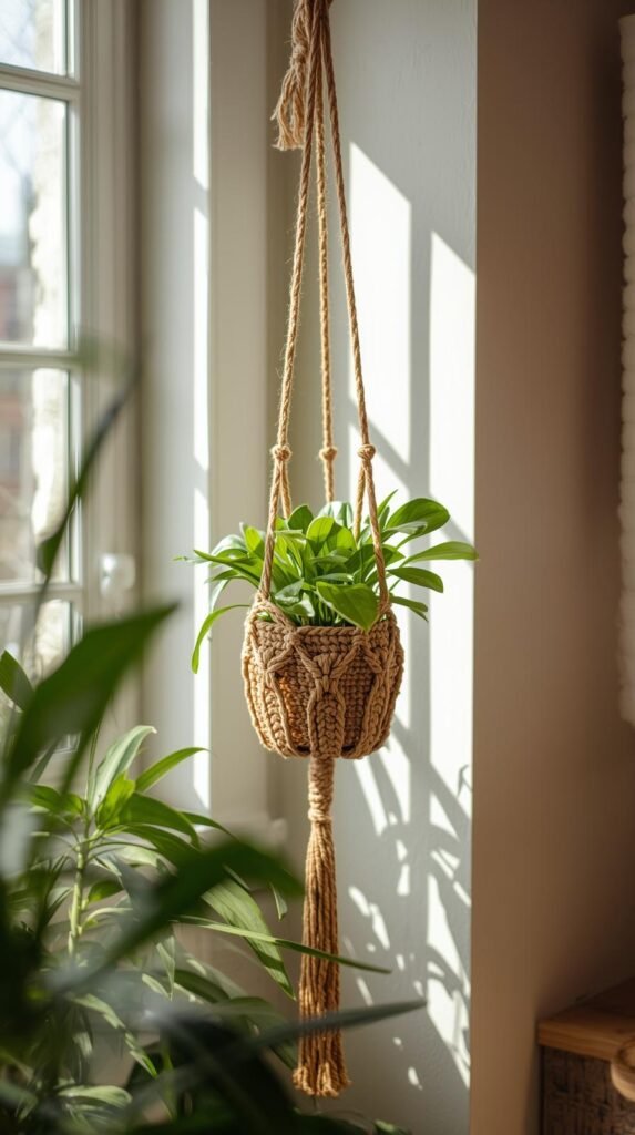 Crochet plant hanger holding a small potted plant, natural cotton yarn, earthy tones, hanging near a sunlit window, cozy indoor greenery