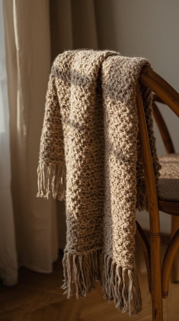 Crochet scarf draped casually over a chair, soft yarn texture, neutral and muted colors