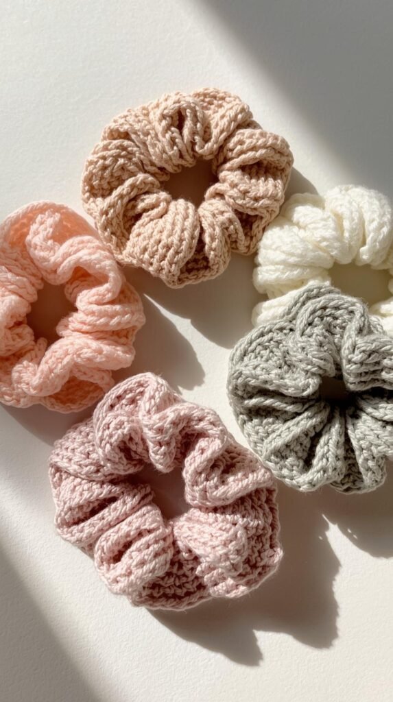 Crochet scrunchies arranged in a soft circular flat lay, mixed yarn colors including blush, cream, and sage, elastic hidden within stitches
