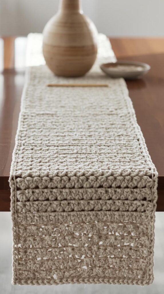 Crochet table runner styled on a dining table, neutral cotton yarn, clean stitch pattern, minimal table decor