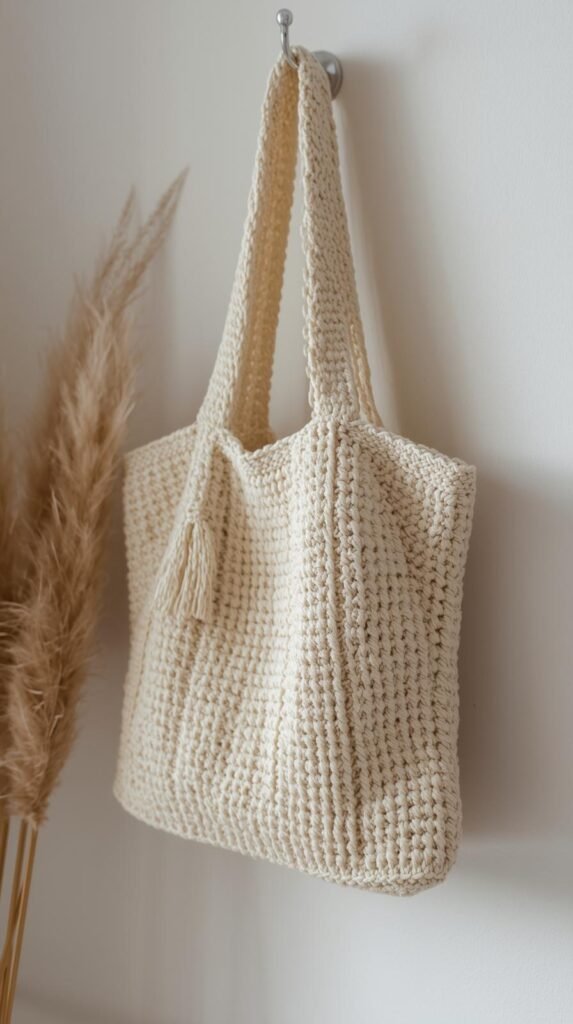 Crochet tote bag hanging on a wall hook, soft cotton yarn, relaxed stitch pattern, neutral modern home setting