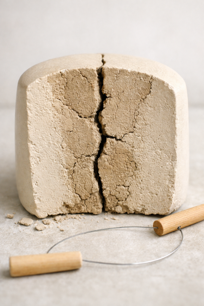 Cross-section of thick air dry clay piece showing uneven drying, visible stress crack forming through center, smooth ceramic-like finish on exterior.