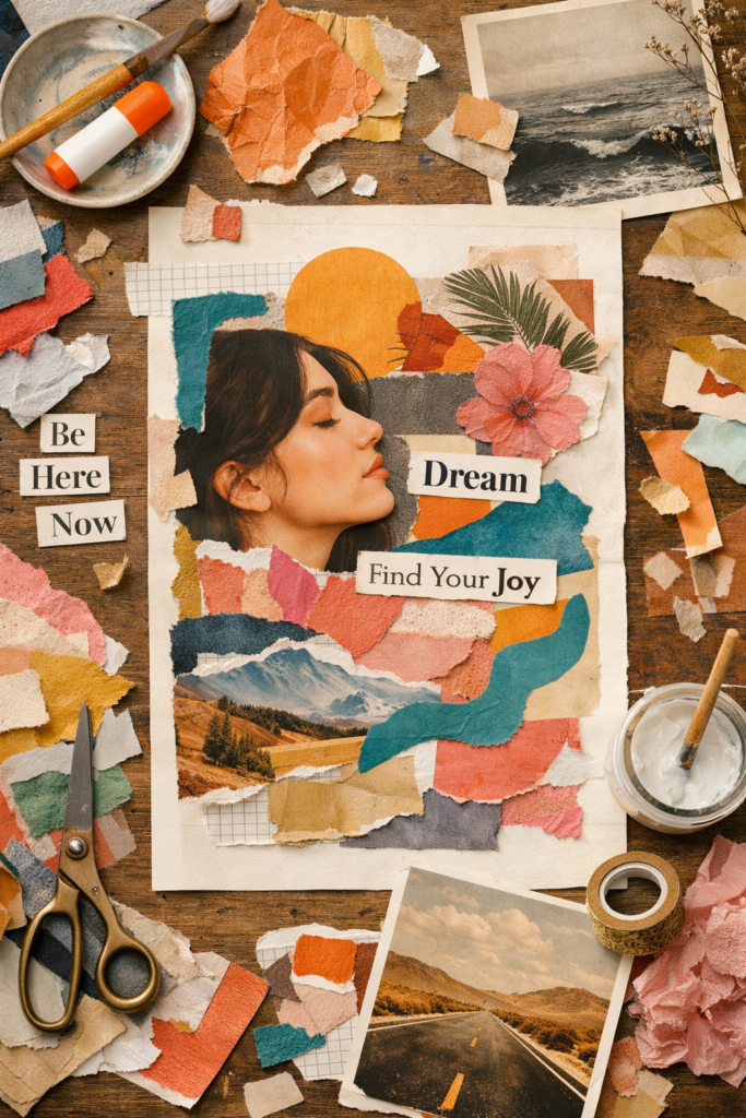 DIY collage art in progress with magazine cutouts, paper scraps, and glue.