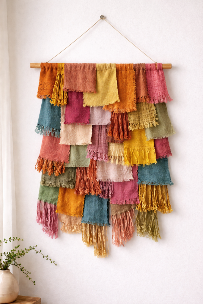 DIY fabric wall hanging made from layered textile scraps in neutral and muted tones.