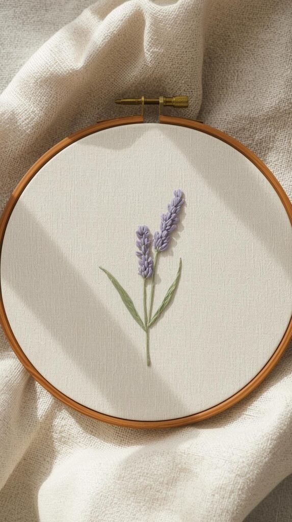 Delicate lavender sprig embroidery with muted purple buds and soft sage green stems on natural linen fabric, vertical orientation inside wood hoop.