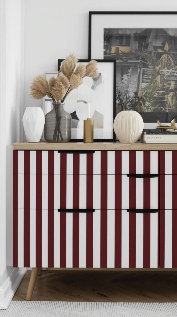Dresser with striped contact paper drawer fronts, modern black hardware, minimalist decor styling, balanced composition, bold pattern against neutral frame.