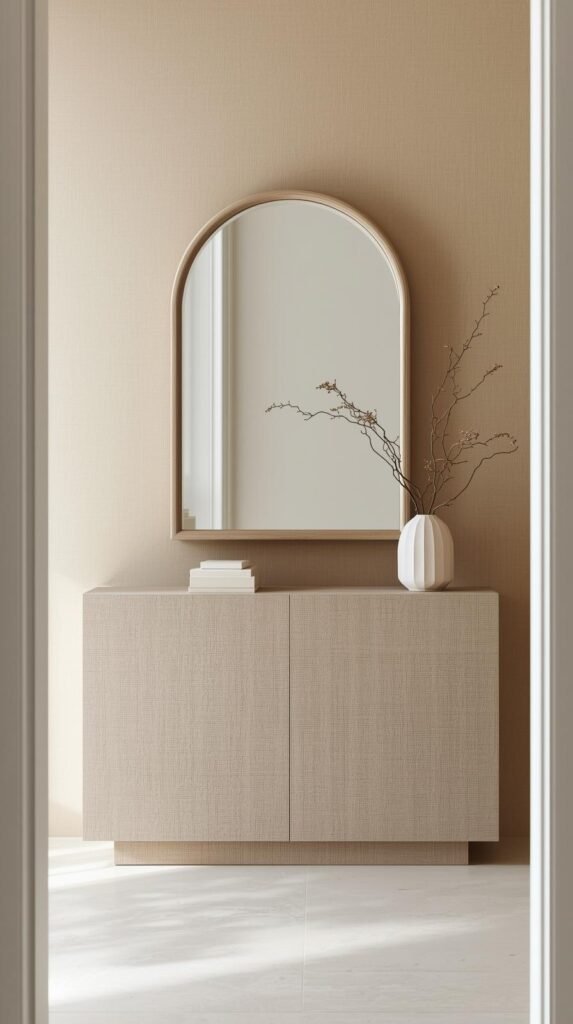 Entryway console wrapped in linen-textured contact paper, arched mirror above, ceramic vase and stacked books, warm neutral tones, soft diffused daylight.