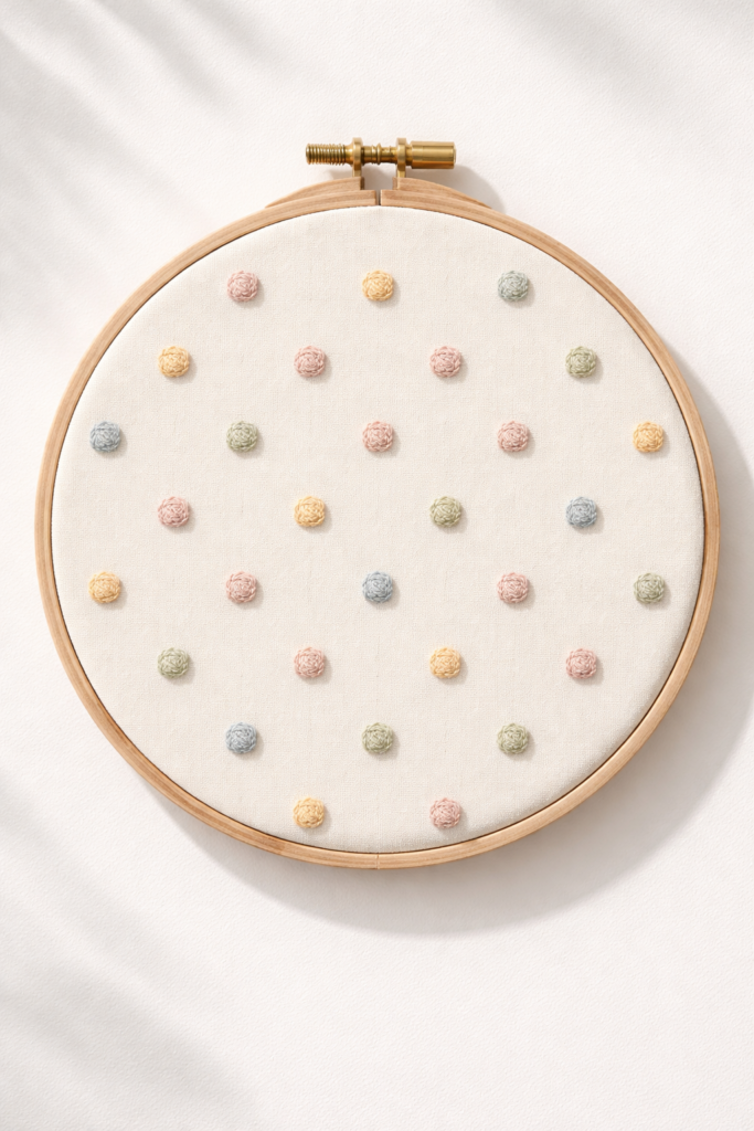 Evenly spaced embroidered French knot polka dots in muted pastel tones on neutral cotton fabric, repetitive clean pattern inside wood hoop.