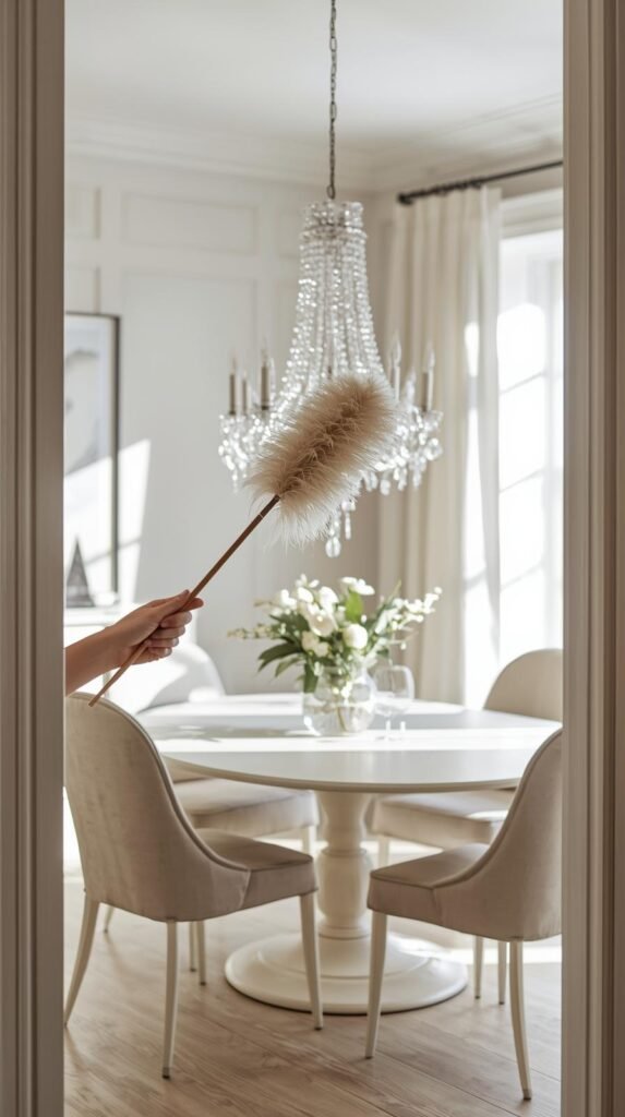 Feather duster gently brushing crystal chandelier in a bright dining room, minimal furniture visible