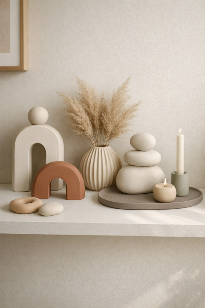 Finished crack-free air dry clay decor pieces styled on shelf, smooth ceramic-like matte finish in soft neutral and muted earthy tones, modern minimalist home decor setting.