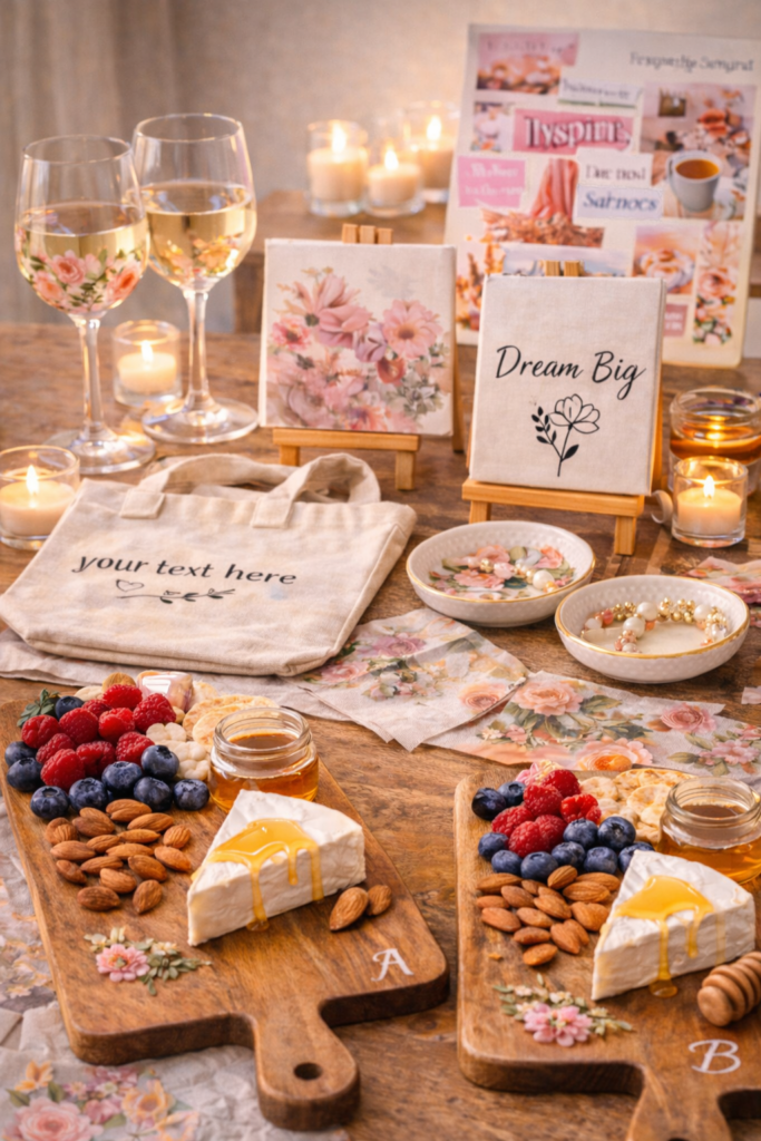 Finished crafts from the night styled together on a table painted wine glasses.