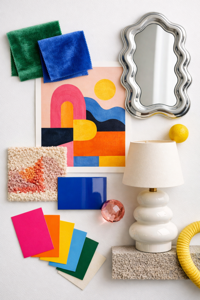 Flat lay mood board showing dopamine interior design elements, velvet fabric swatches in emerald and cobalt, abstract art print, sculptural wavy mirror, ceramic lamp, textured rug sample, glossy lacquer sample, bold color palette cards, layered textures.