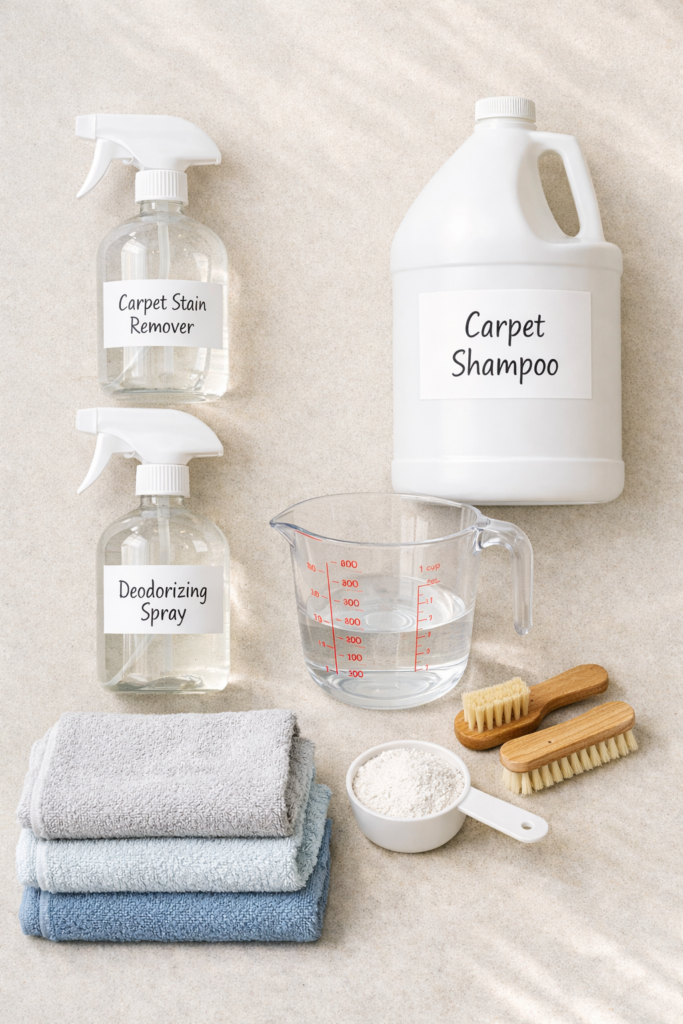 Flat lay of carpet cleaning solutions including labeled spray bottles, carpet shampoo, measuring cup, microfiber towels on a neutral surface