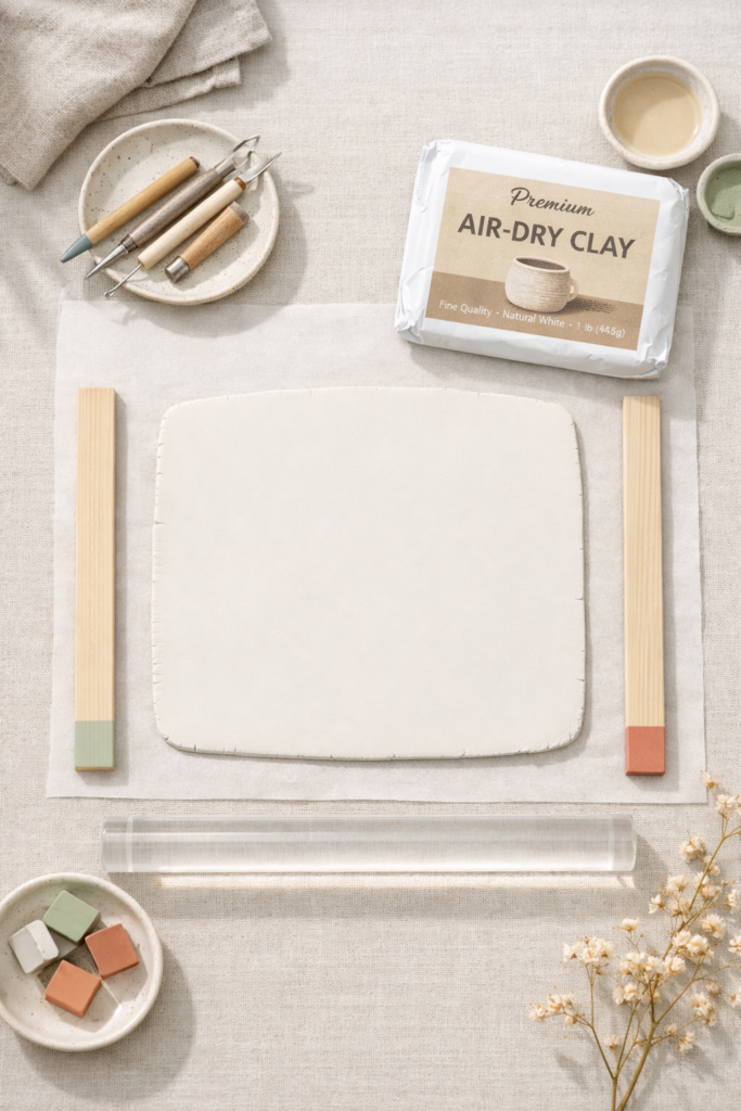 Flat lay of properly rolled even clay slab with thickness guides, acrylic rolling pin, premium air dry clay package.