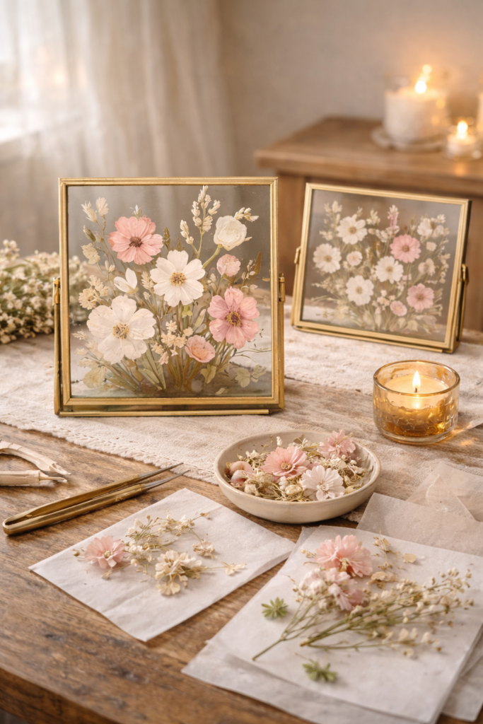 Floating glass frames filled with pressed florals in soft blush, ivory, and muted green tones. 
