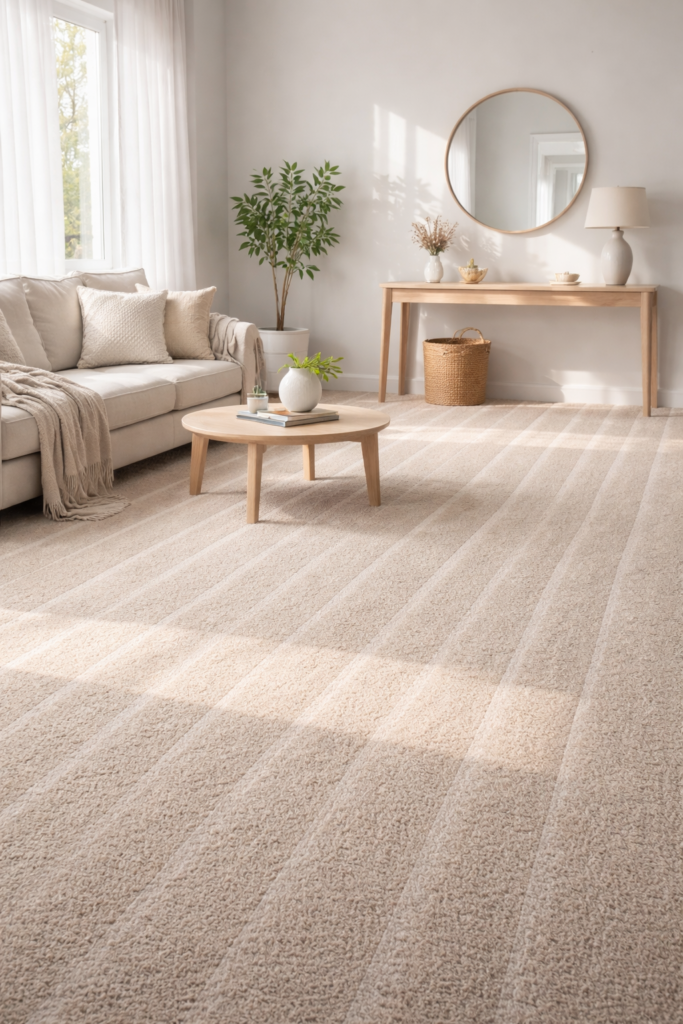 Freshly vacuumed carpet with visible lines, sunlight creating soft shadows across the floor, calm and clean home atmosphere.