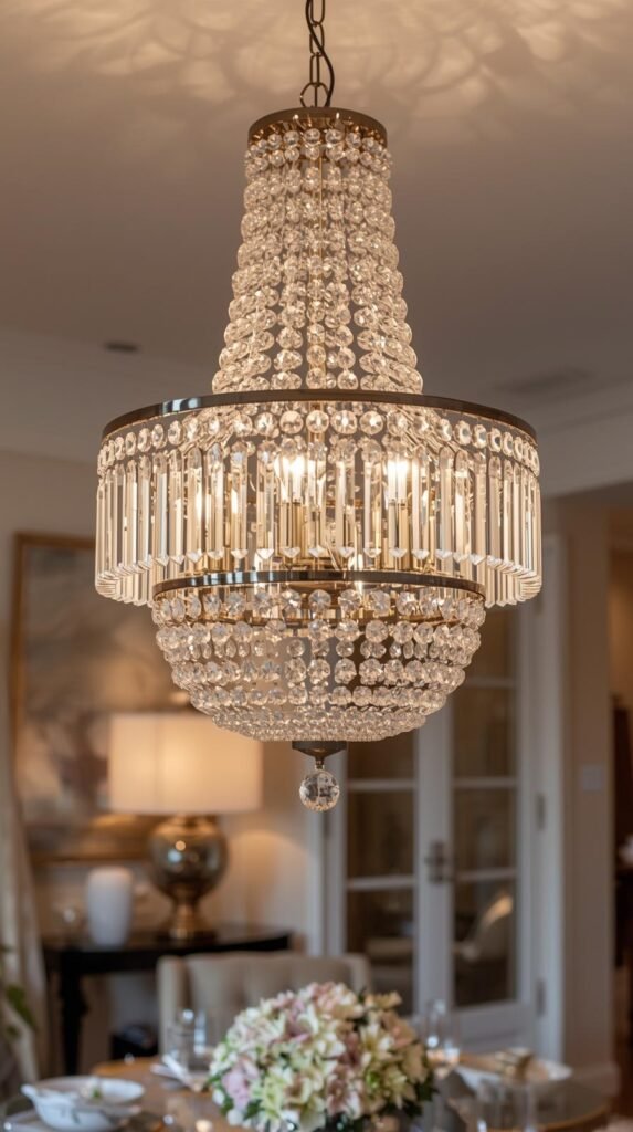 Fully cleaned crystal chandelier glowing with light turned on, crystals sparkling beautifully, warm ambient lighting.