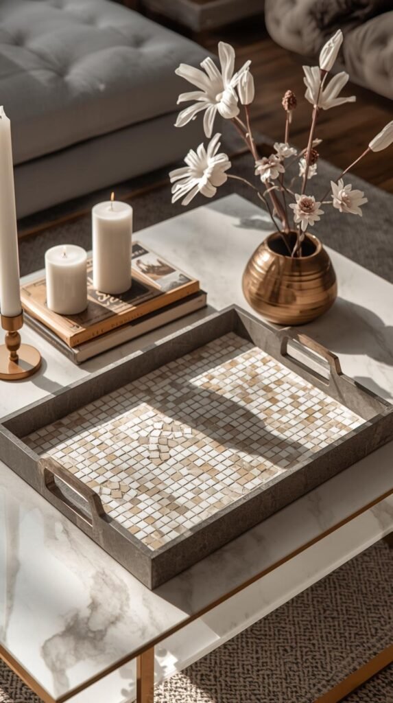 Glass mosaic tile serving tray styled on a coffee table with candles and books, clean tile layout, neutral base with subtle color accents.