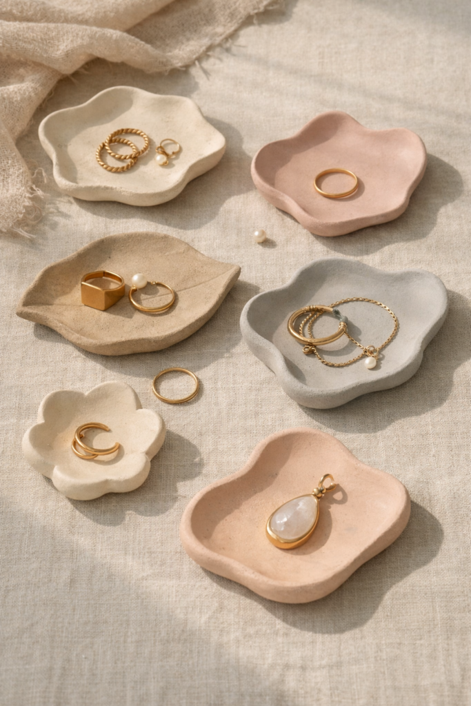 Handmade air-dry clay trinket dishes in organic shapes, neutral and soft pastel tones, matte finish.