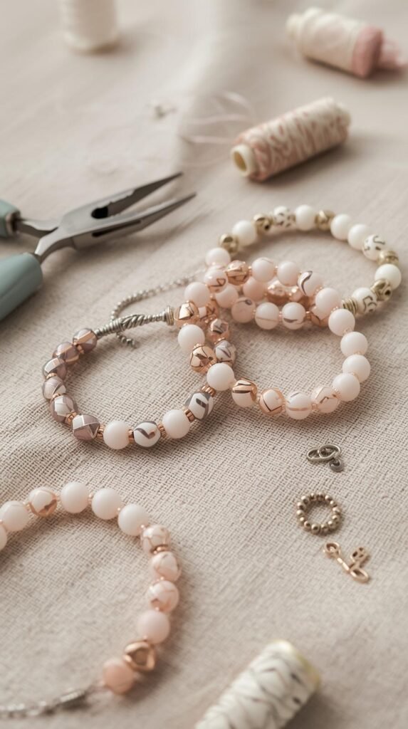 Handmade beaded bracelets laid out on a neutral fabric surface, soft color palette with subtle metallic accents.