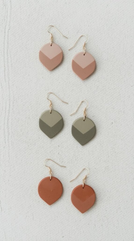 Handmade clay earrings in modern shapes and muted colors laid out neatly.