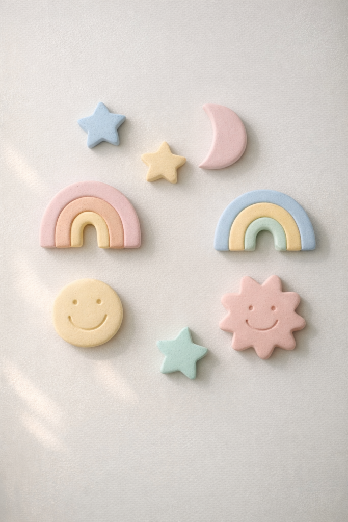 Handmade clay magnets in simple organic shapes finished in neutral tones.