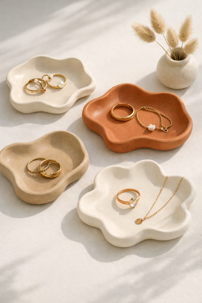 Clay ideas -Handmade clay trinket dishes in soft neutral tones like warm white, sand, and muted terracotta. Organic wavy shapes with matte or satin finishes, styled with gold rings and minimal jewelry. 