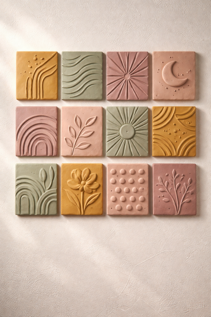 Handmade clay wall art tiles in warm ochre, muted sage, dusty mauve, and clay pink. 