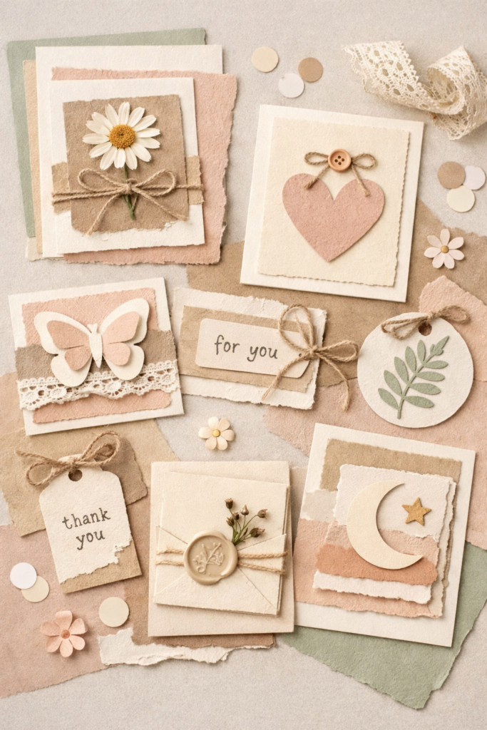 Handmade paper crafts including cards and tags layered on a tabletop.