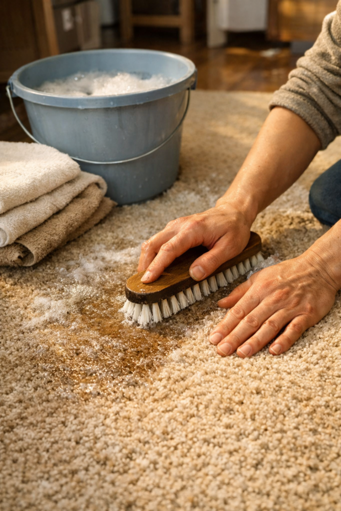 Hands gently scrubbing carpet with a stiff brush, bucket and towels nearby, visible texture change in carpet fibers.