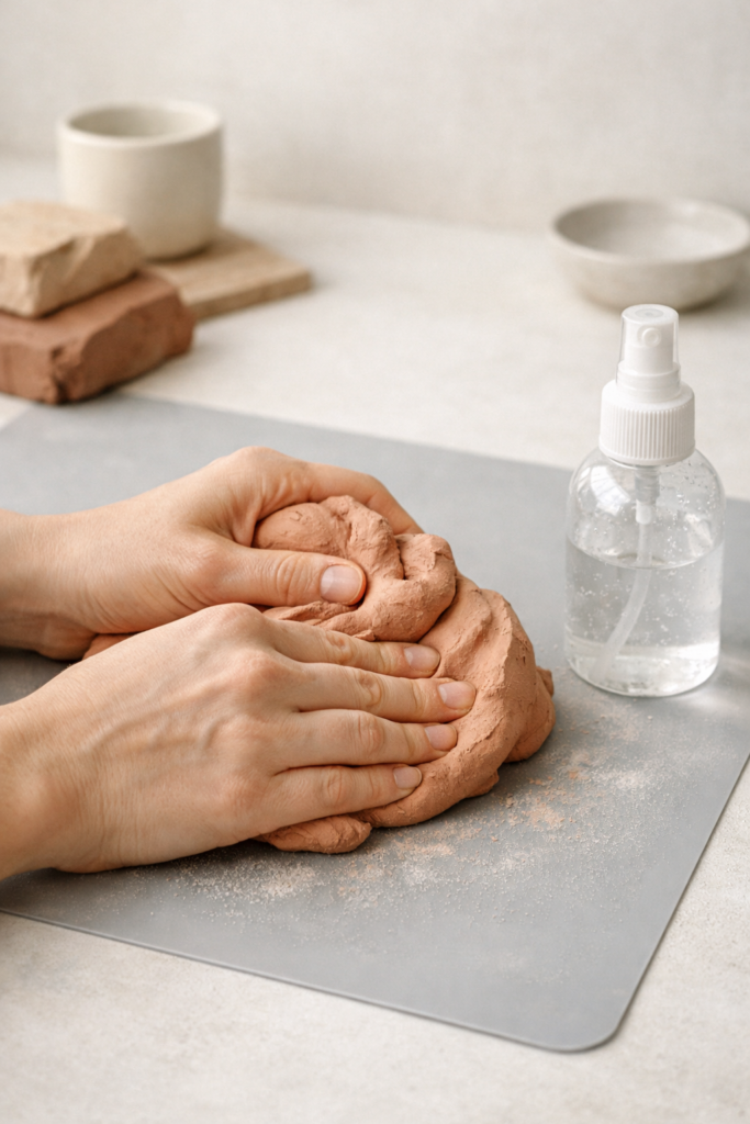 Hands kneading soft air dry clay on silicone mat, smooth matte texture forming under pressure, muted earthy clay tones, fine mist spray bottle nearby.