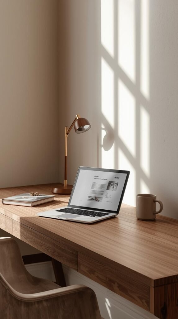 Home office desk wrapped in rich walnut wood grain contact paper, minimal laptop setup, ceramic mug, soft neutral wall behind.