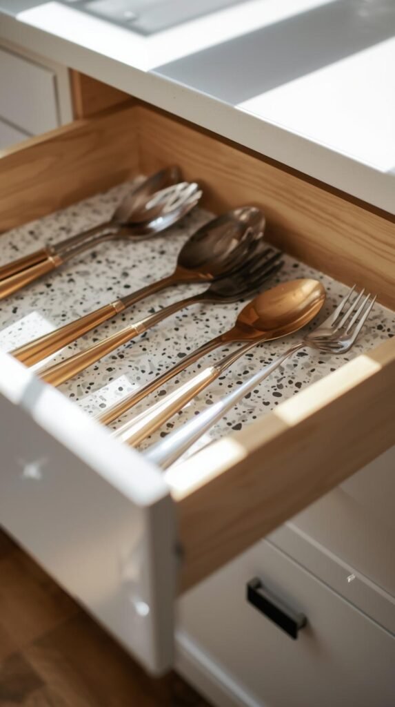 Kitchen drawer open showing terrazzo peel and stick liner, neatly arranged utensils, bright natural lighting, modern kitchen aesthetic.