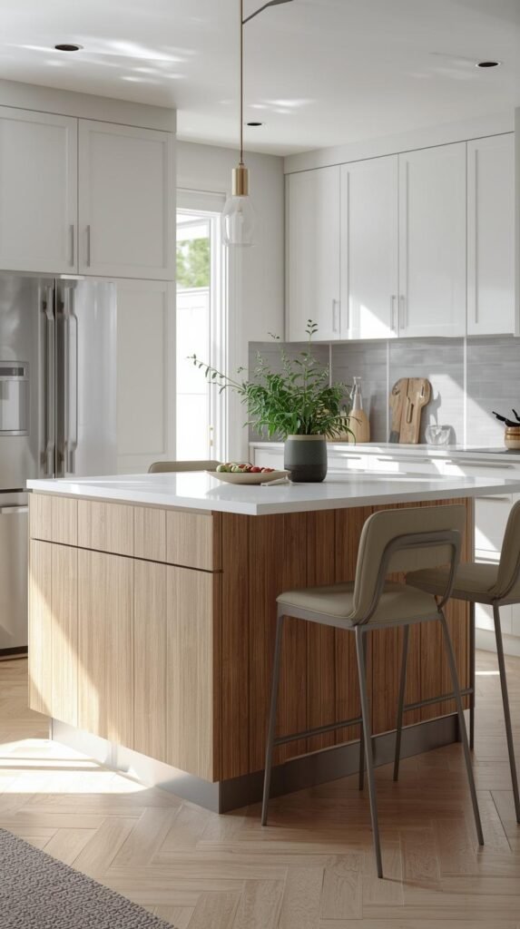 Kitchen island with wood grain contact paper on front panels only, white perimeter cabinets, modern bar stools, natural light flooding space.