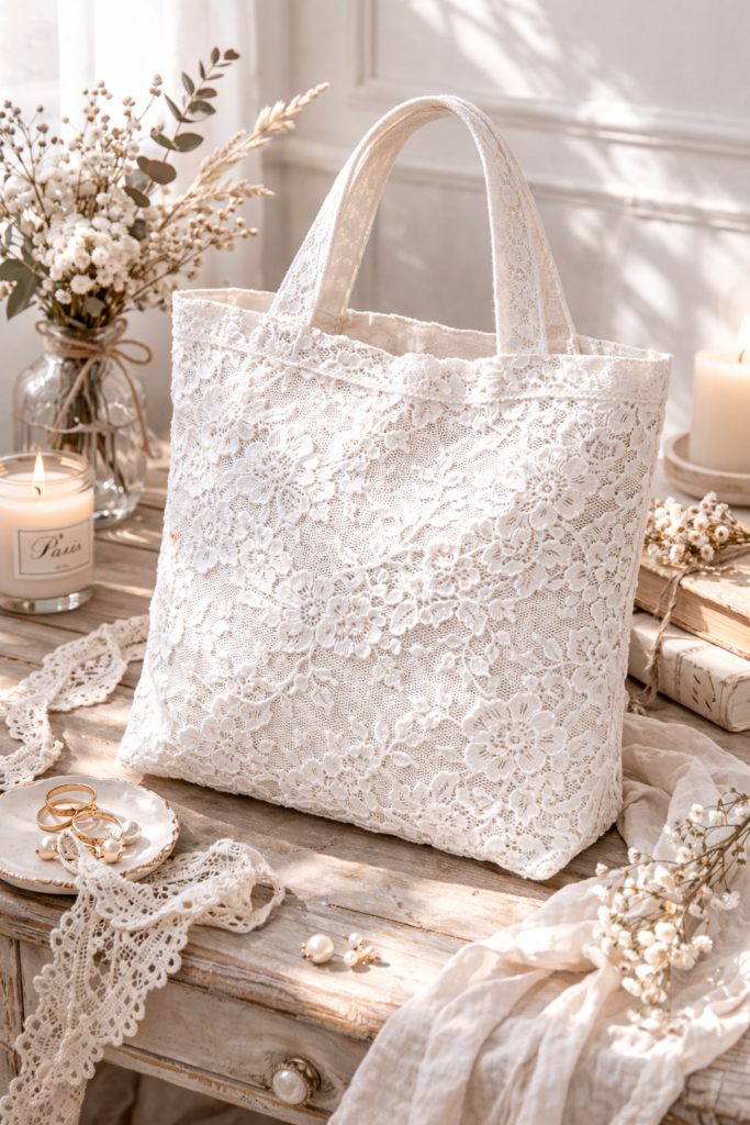 Natural canvas tote with delicate cream lace overlay panel, soft romantic texture