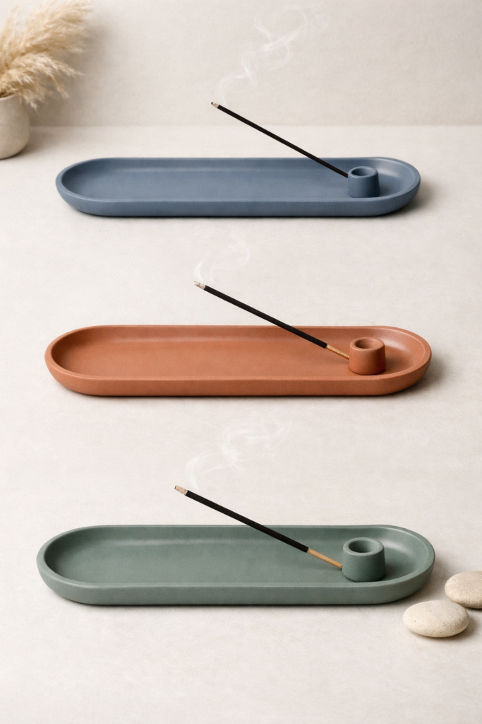 Minimal handmade clay incense holders with elongated trays, soft neutral tones.