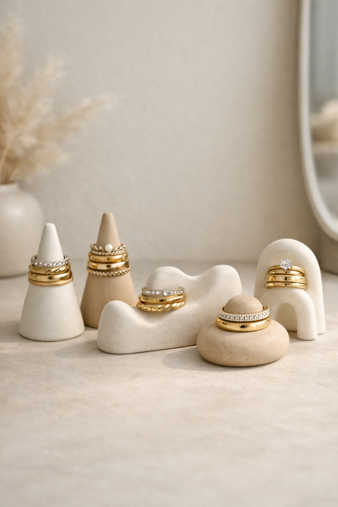 Minimal clay ring holders in cone and abstract shapes, finished in soft beige, taupe, and off-white tones. Rings stacked neatly, styled on a neutral vanity surface with subtle texture. 