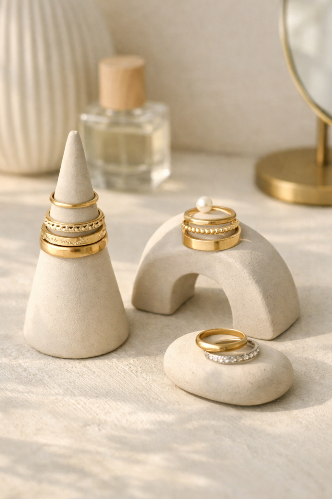 Minimal handmade clay ring holders in cone and abstract shapes, soft neutral tones.
