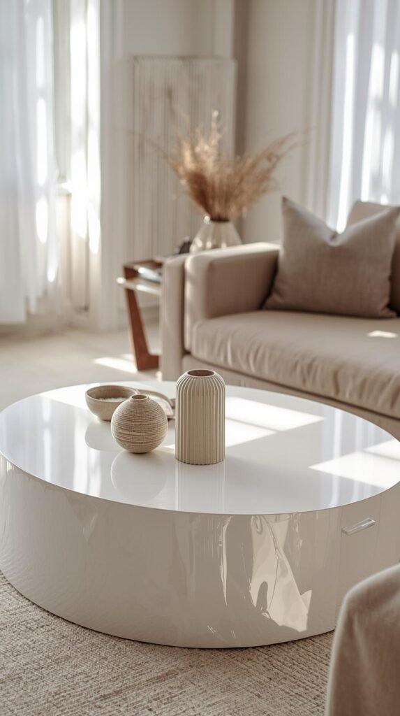 Minimal living room with glossy white contact paper wrapped coffee table, sculptural decor pieces, neutral sofa.