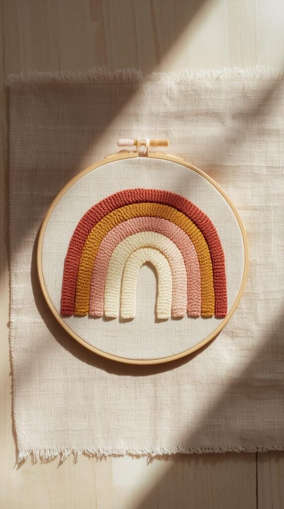 Minimal rainbow arch embroidery in muted retro tones like clay, dusty rose, mustard, and cream, stitched on beige linen fabric.