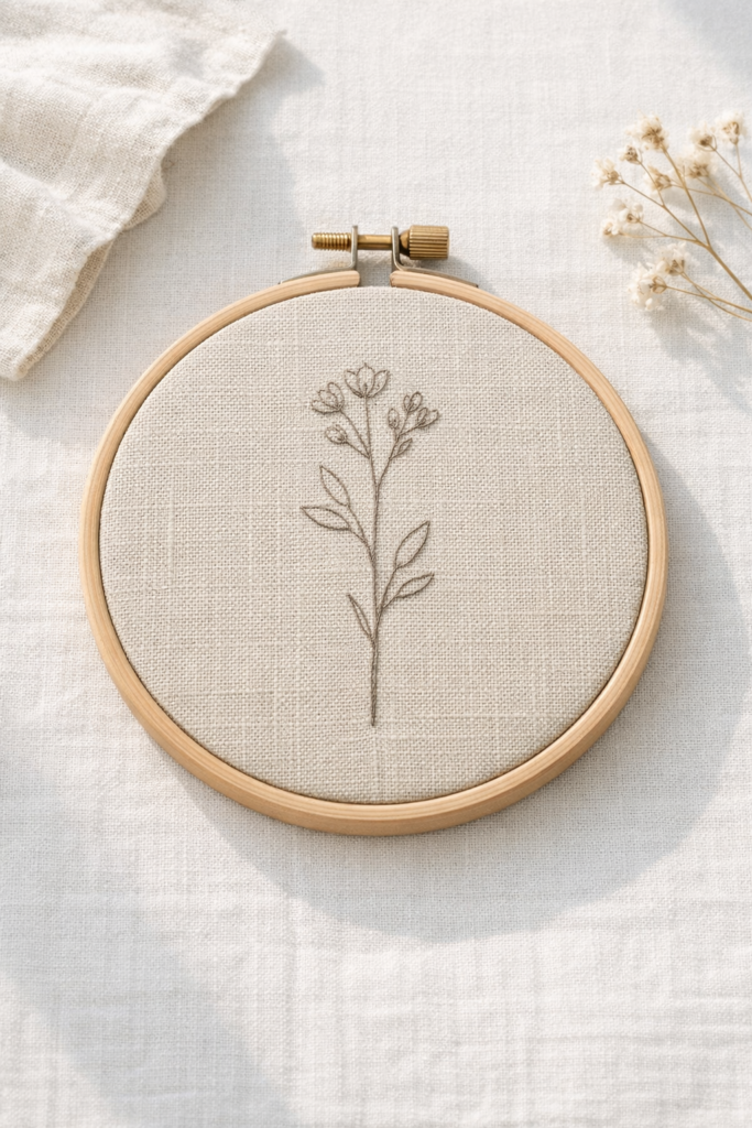 Minimalist line floral embroidery stitched in soft taupe thread on natural linen fabric, simple single-stem wildflower outline