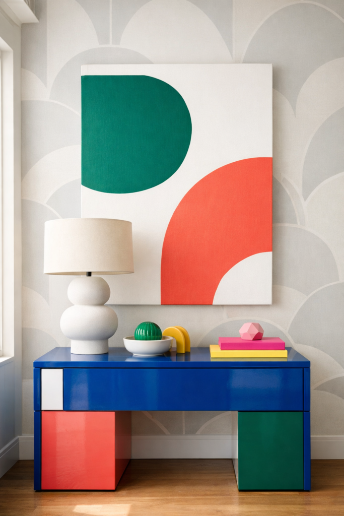 Modern DIY dopamine decor scene featuring a minimalist side table in high-gloss cobalt with crisp geometric color-block detailing, oversized abstract canvas with bold curved shapes in emerald and coral against clean white negative space, sculptural matte ceramic lamp with structured drum shade, subtle peel-and-stick graphic wallpaper in large-scale modern pattern, curated styling with clean lines and intentional spacing, no clutter, architectural apartment setting with soft natural daylight, refined colorful palette