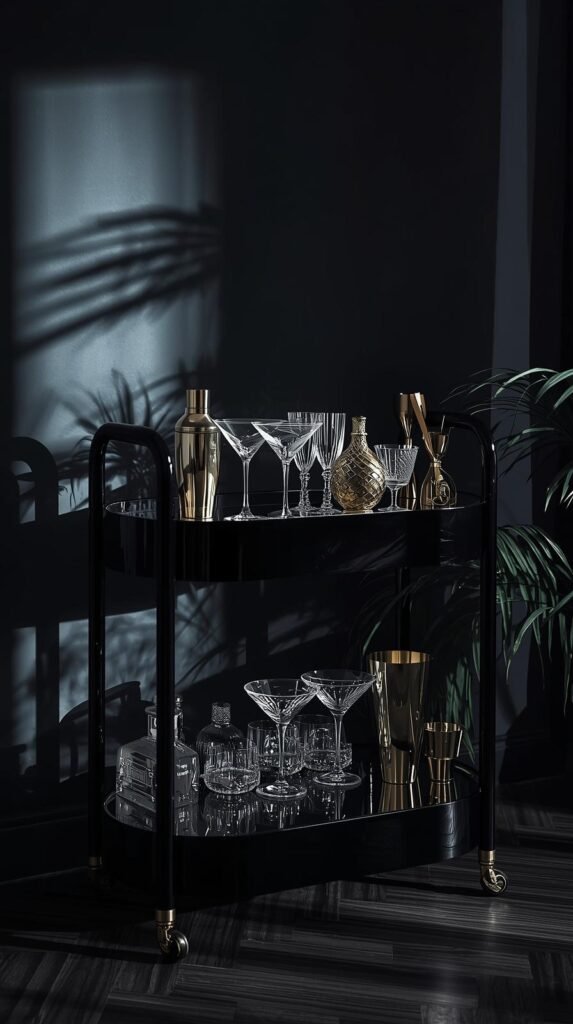 Modern bar cart wrapped in glossy black contact paper, crystal glasses and gold bar tools styled on shelves, moody ambient lighting.