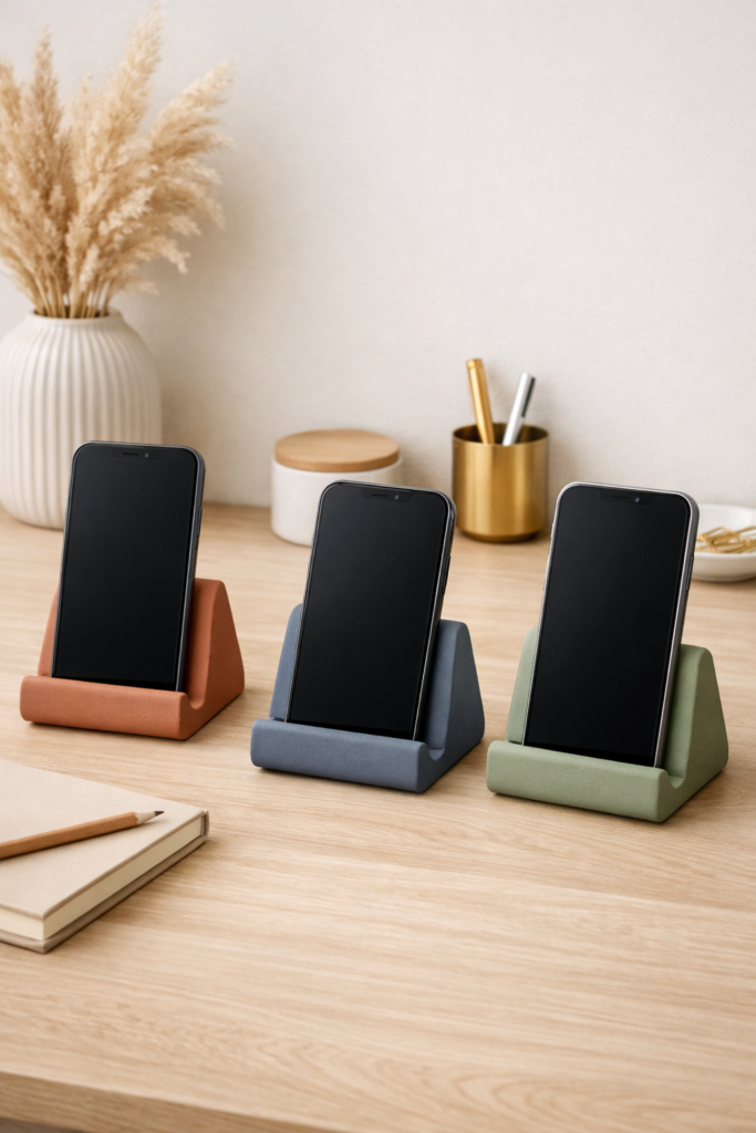 Modern clay phone stands in muted rust, slate blue, and sage green holding smartphones. 