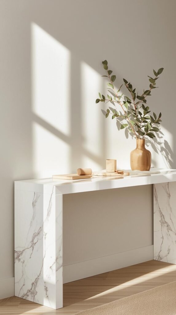 Modern console table with marble contact paper trim along edges only, rest of table white, styled decor on top.